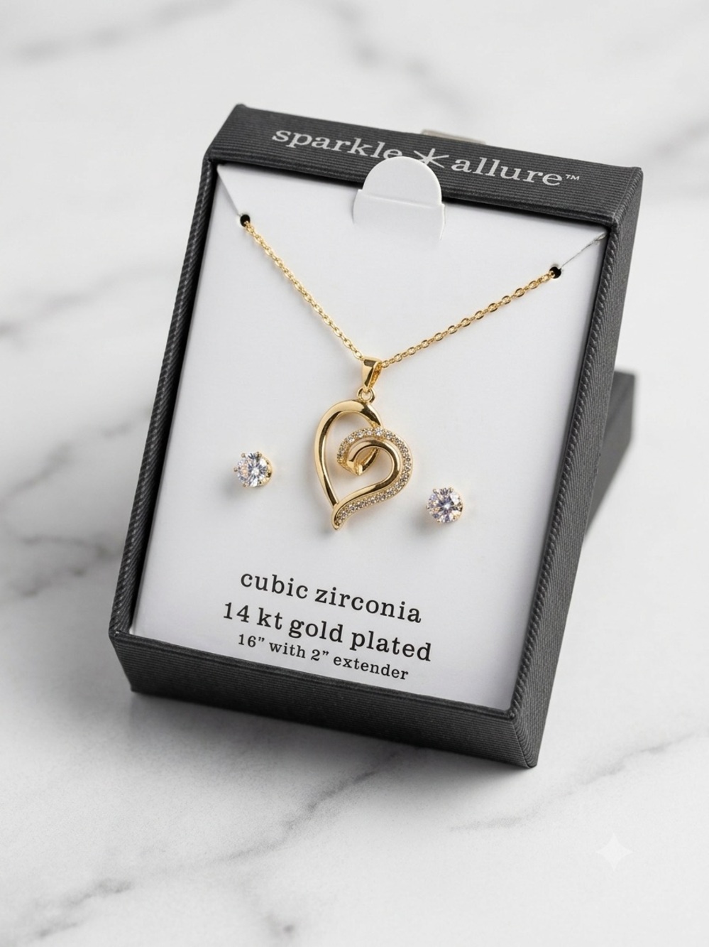 14kt Gold-Plated Heart Pendant Necklace with Cubic Zirconia Studs - Gold